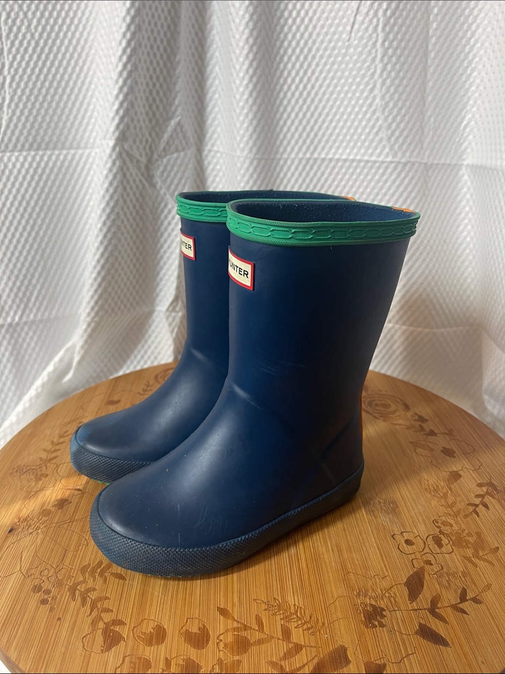 Hunter Kids Navy First Classic Rain Boots with Green Trim kids size 10
